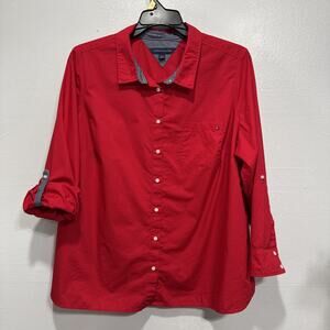 Tommy Hilfiger Shirt Womens 1X Red Heritage Button Front Long Roll Tab Sleeves